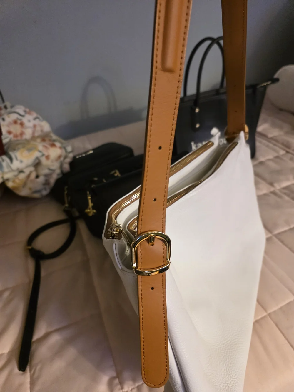 VALENTINA White Leather Shoulder Bag with Tan Strap